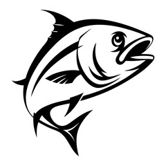Strong black and white illustration of a tuna fish leaping upward