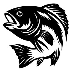 Black and white illustration of a large mouth bass swimming in water