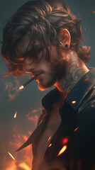 Stylized portrait of a handsome tattooed man smoking in warm cinematic lighting