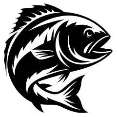 Stylized monochrome graphic of a leaping fish with abstract design elements