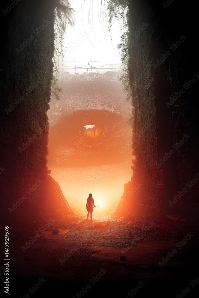 Poster a lone figure carrying a torch ventures into the depths of an ancient overgrown ruin the eerie shado