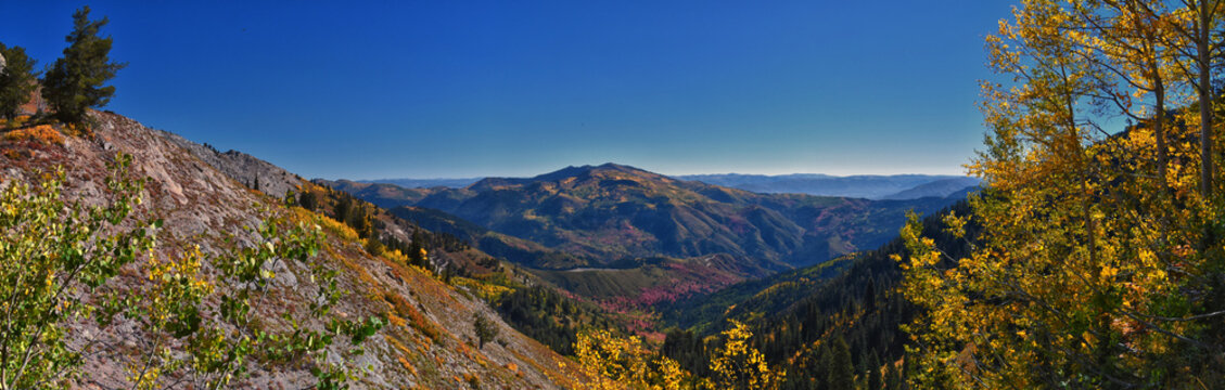 Box Elder Peak hiking views from trail, American Fork Canyon. Lone Peak, Mt Timpanogos, Wasatch Range Rocky Mountains, Utah, United States.