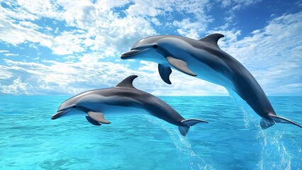 Two dolphins are leaping out of the ocean against a backdrop of blue sky and clouds. Concept Dolphins in Motion, Ocean Beauty, Blue Sky Background, Marine Life, Nature Photography