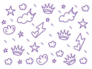 Seamless Purple Doodle Pattern with Clouds, Stars, Crowns and Hearts. doodle, seamless, clouds, stars, hearts, crowns, cute, sketch, icon, background