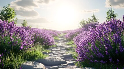 Obraz premium Scenic Lavender Field Path Summer Sunlight Tranquil Nature Beautiful Purple Flowers Blossoms Peaceful Serene Landscape Idyllic Rural Setting Stone 