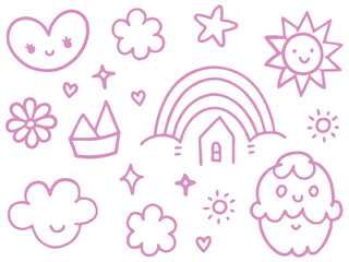 Pink Doodle Illustration with Rainbow, Ice Cream, Stars, Clouds and Cute Elements. doodle, rainbow, pink, cute, sun, heart, flower, cloud, house