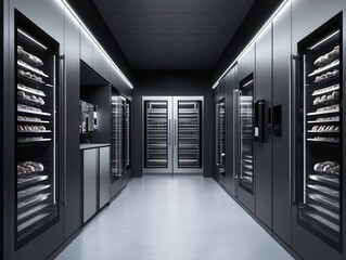 Ultramodern meat curing storage with brushed stainless steel interiors, automated airflow management, and seamless precision control