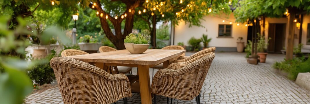This beautiful outdoor dining area is filled with warm lighting, surrounded by lush greenery, creating an inviting atmosphere for gatherings or quiet dinner moments.