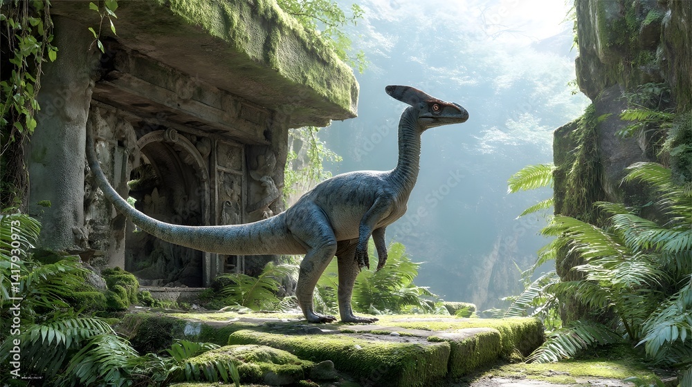 Aufkleber a massive pachycephalosaurus dinosaur standing alert amid the overgrown ruins of an ancient structur