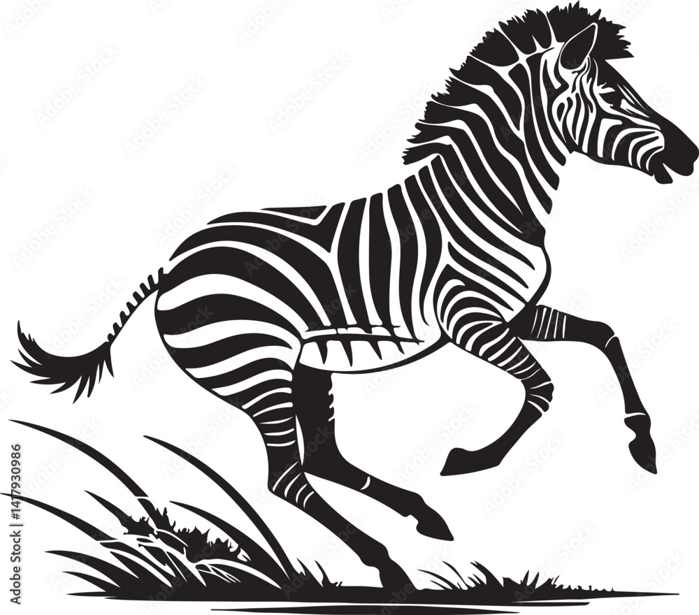 Fototapete Running zebra and stand zebra animal vector silhouette isolated white background Black silhouette of running zebra on white background of vector illustration