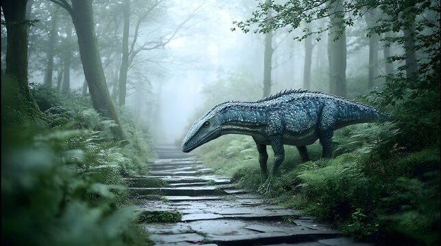 A massive megalosaurus dinosaur stands on an overgrown ancient stone path surrounded by the misty dense foliage of a primeval forest