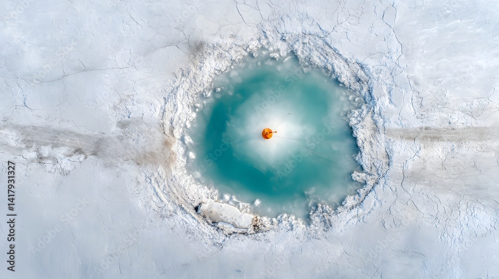 Poster a mesmerizing circular opening in the vast icy expanse of the arctic emitting a soft ethereal glow a