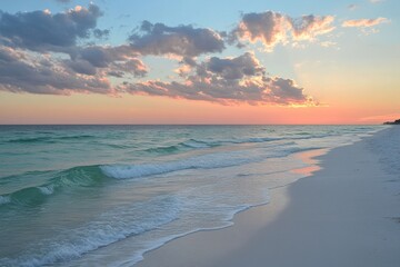 Peaceful beach sunset, soft waves on white sand, vibrant sky