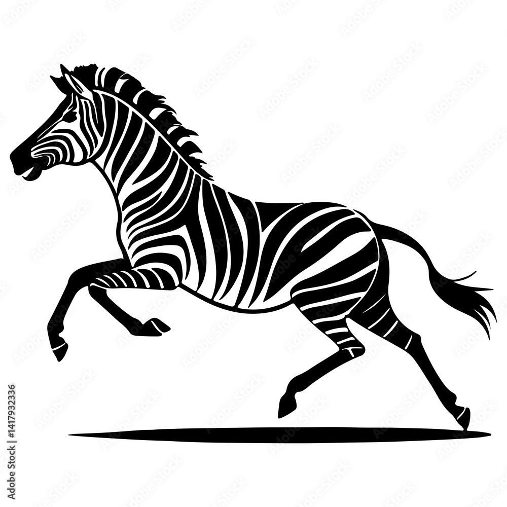 Fototapete Running zebra and stand zebra animal vector silhouette isolated white background Black silhouette of running zebra on white background of vector illustration