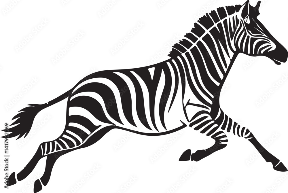 Fototapete Running zebra and stand zebra animal vector silhouette isolated white background Black silhouette of running zebra on white background of vector illustration