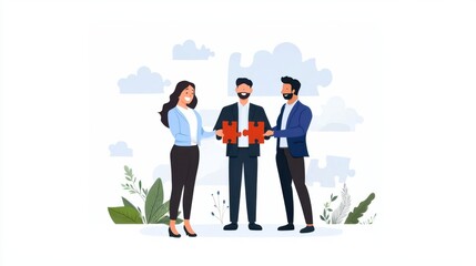 A group of business professionals collaborating to assemble puzzle pieces, symbolizing teamwork, problem-solving, and the of ideas to form a successful connection.