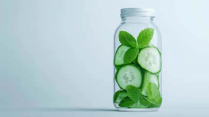 juice detox minimalist concept. Cucumber slices and mint leaves in a glass jar on a light background.