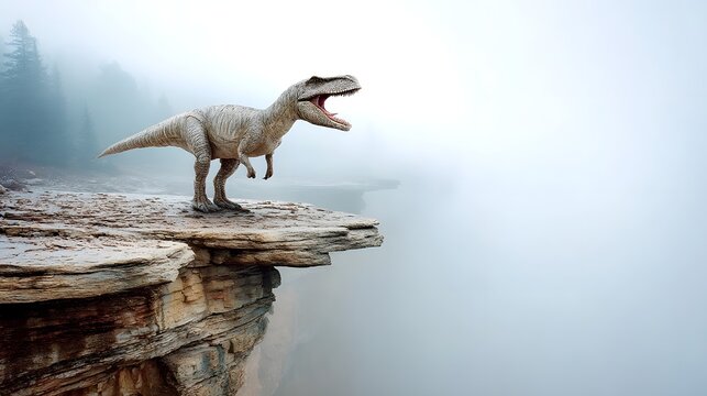 Fototapeta A powerful Allosaurus dinosaur stands atop a rugged weathered cliff its jaws open in a fierce roar as misty fog rolls in from the landscape below creating an atmosphere of mystery and primal energy