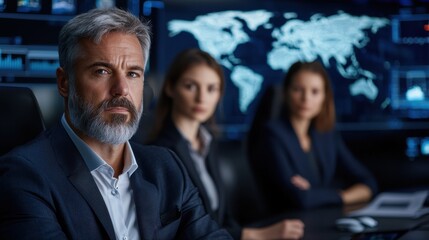 A group of diverse business professionals collaborating on a project in a modern, technology-enabled office environment