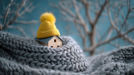Small wooden house wearing yellow knitted hat, nestled in gray knitted fabric, against a blurred teal and white background Symbolizes cozy home, warmth, winter comfort