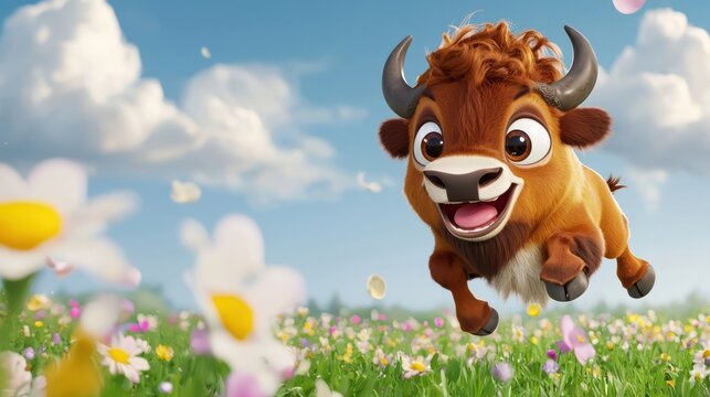 Joyful Cartoon Cow Running Through Vibrant Flower Field in Springtime