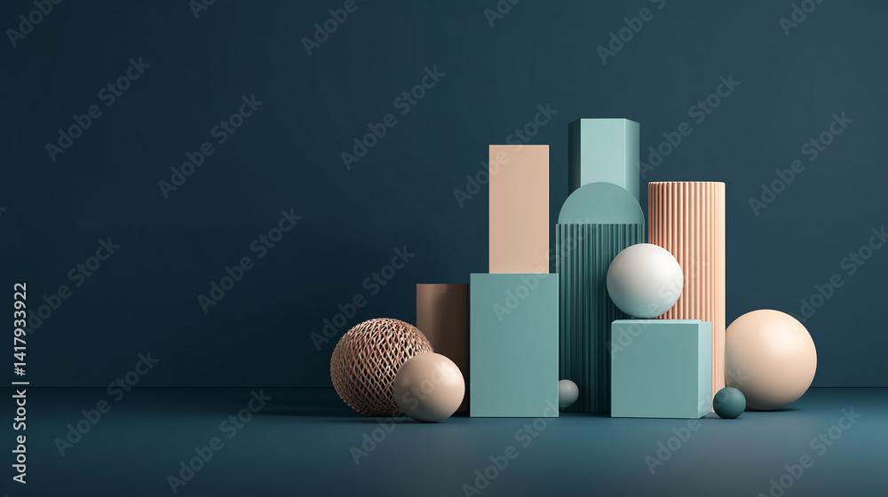Poster abstract geometric shapes, spheres, and cylinders in teal and beige tones against a dark-teal backgr