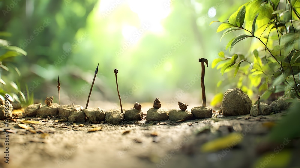 Poster A serene natural stone path winds its way through the verdant undergrowth of a tranquil forest creating a peaceful and inviting trail for