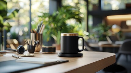 Elegant and modern wooden office desk with a sleek black and gold color scheme, offering a sophisticated and functional workspace.