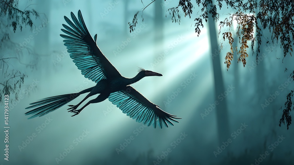 Poster a silhouetted bird with outstretched wings gracefully gliding through the misty atmospheric canopy o