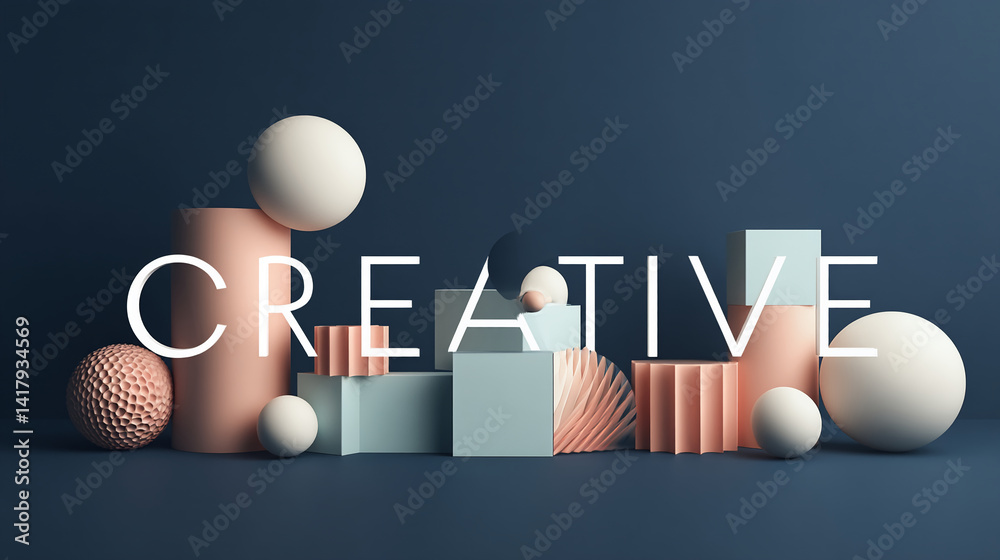 Poster abstract 3d scene with pastel geometric shapes and spheres, showcasing a creative and minimalist des