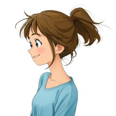 Naklejka premium Cartoon girl with brown hair in ponytail looking right on white background