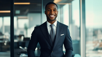 A confident man in a sleek, modern office, his radiant smile exuding warmth and professionalism.