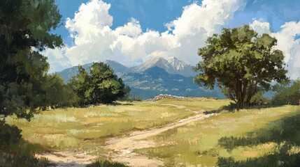 Mountain Vista Path A vibrant landscape painting of a sunlit path leading towards distant snowcapped mountains