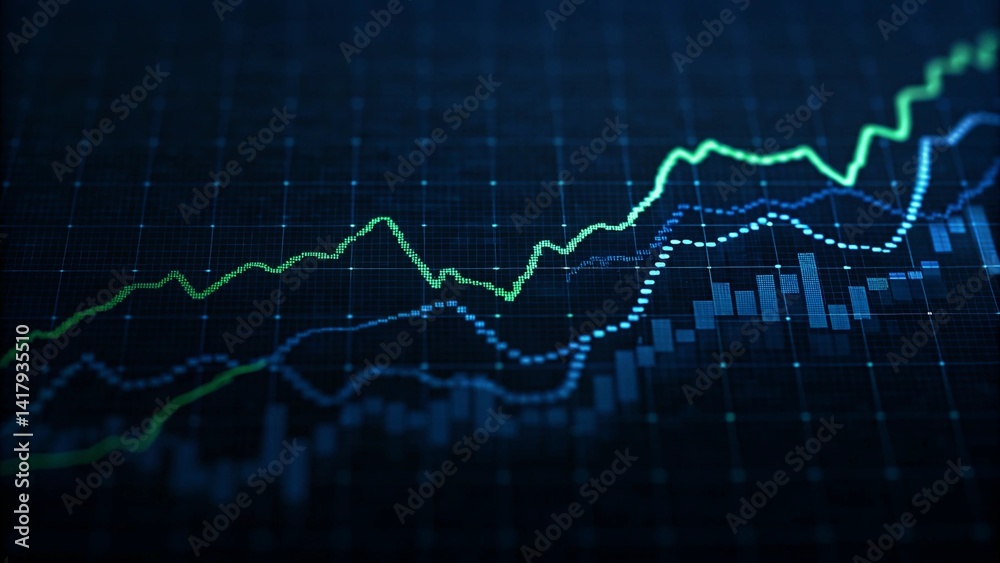 Poster neon green, blue chart waves with diagram, abstract glowing data visualization, futuristic finance d