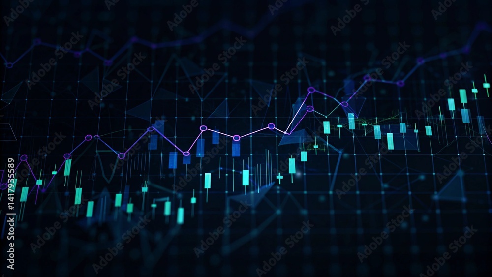 Leinwandbilder neon green, blue chart waves with diagram, abstract glowing data visualization, futuristic finance d