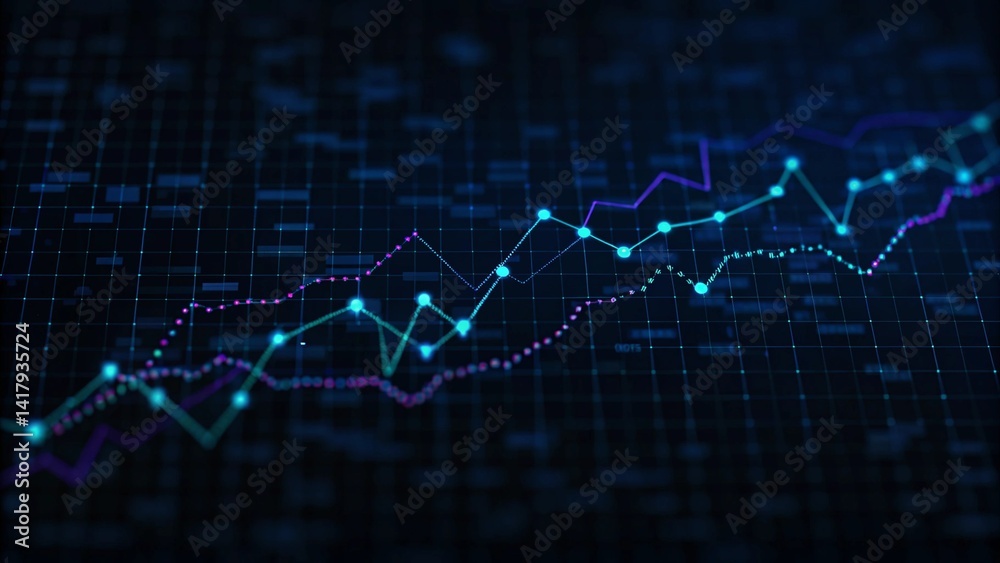 Leinwandbilder neon green, blue chart waves with diagram, abstract glowing data visualization, futuristic finance d