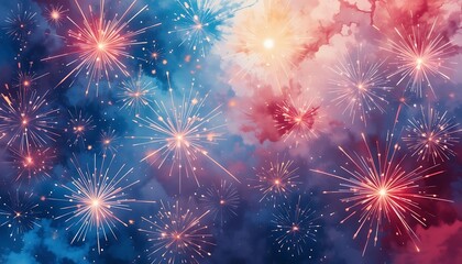 Fototapeta premium Sparkling Fireworks Display in Night Sky with Red and Blue Colors