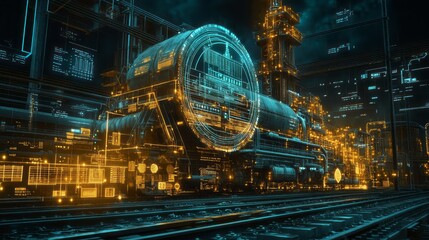 Fototapeta premium A steam train in a digital and futuristic city