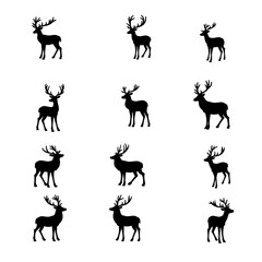 Set of deer silhouettes, set of deer silhouettes, reindeer black silhouette on transparent background