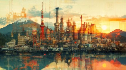 Naklejka premium Tokyo skyline blended with industrial facilities and Mount Fuji behind