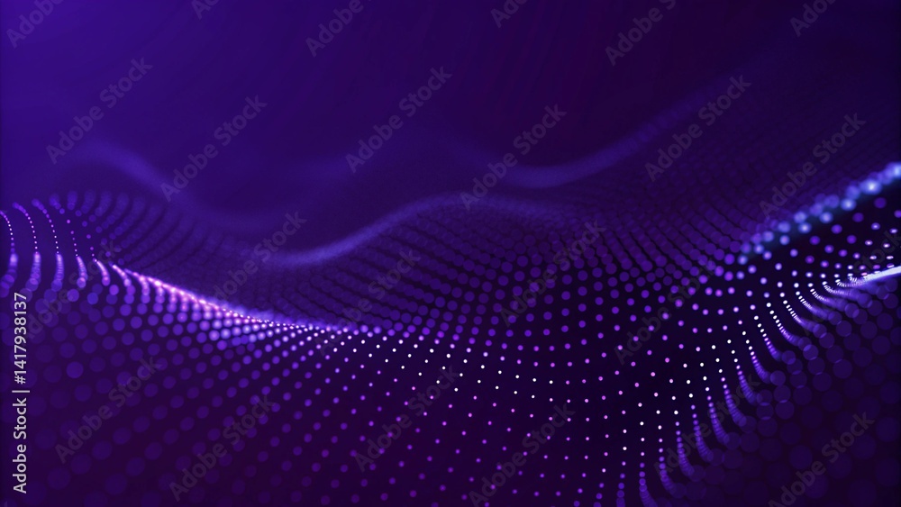 Aufkleber Particle stream. Purple background with many glowing particles. Information technology background. 3d rendering. Futuristic data flow concept with digital wave pattern and abstract light motion.