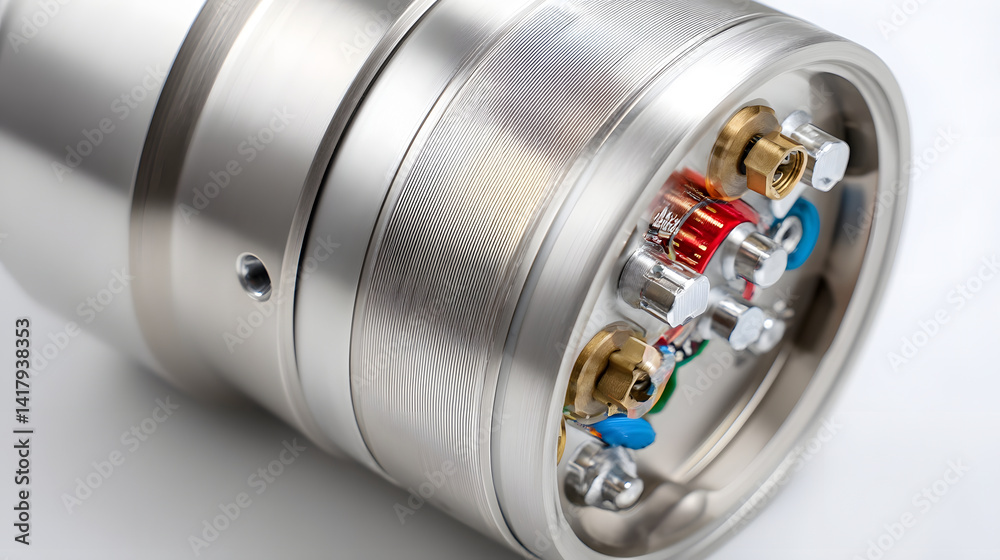 Poster A detailed close up view of a sleek metallic casing housing the complex electronics and wiring for a robotic TIG welding system set against a clean white background