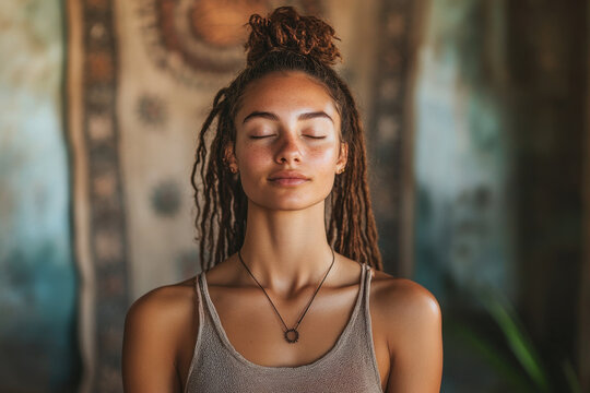 Woman with long, flowing dreadlocks, smiling in a sunny field.