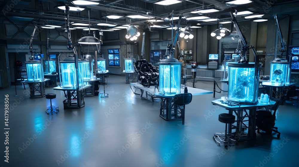 Poster A modern well equipped laboratory setting with various futuristic looking technology displays and control panels creating an atmosphere of scientific research and innovation