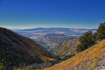 Box Elder Peak hiking views from trail, American Fork Canyon. Lone Peak, Mt Timpanogos, Wasatch Range Rocky Mountains, Utah, United States.