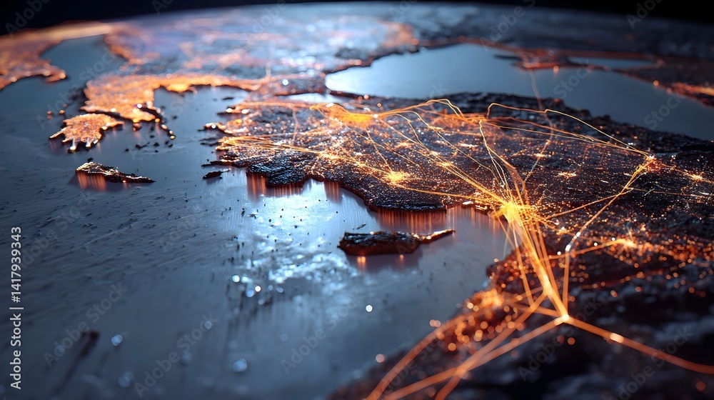 Poster aerial view of a sprawling coastal city with islands in the distance illuminated by a network of glo