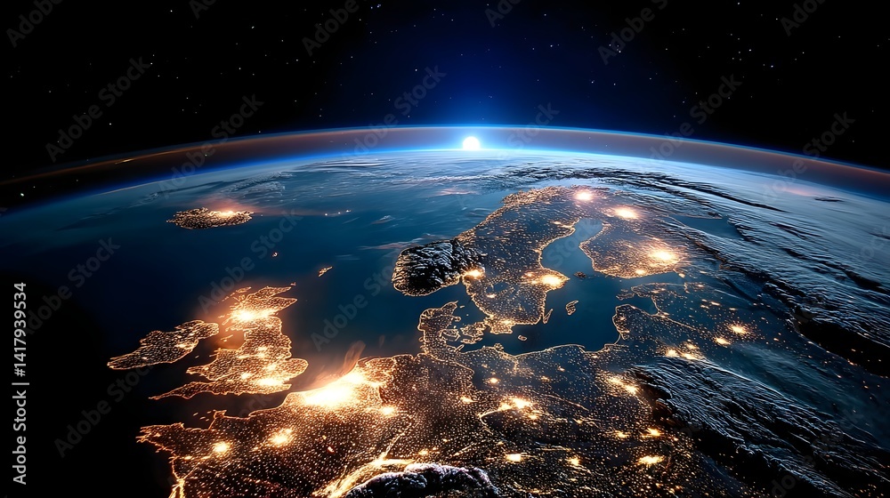 Aufkleber aerial view of scandinavia at night with the coastline and cities across the region brightly lit up 