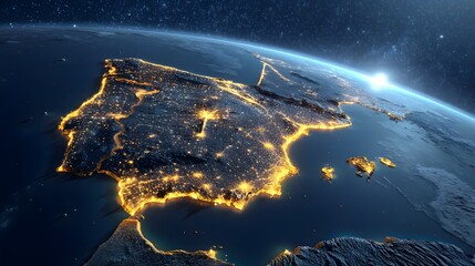 Aerial view of the Iberian Peninsula including Spain and Portugal illuminated by city lights and visible from space at night