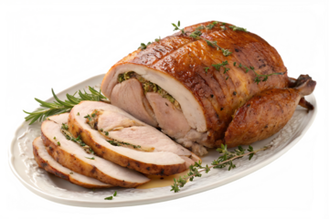Stuffed roasted turkey on white plate with herbs sliced for holiday meal PNG
