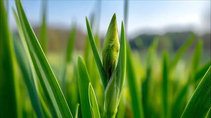 Obraz premium Close-up of a vibrant green flower bud emerging. A detailed close-up shot of a tender flower bud nestled amidst lush green leaves.